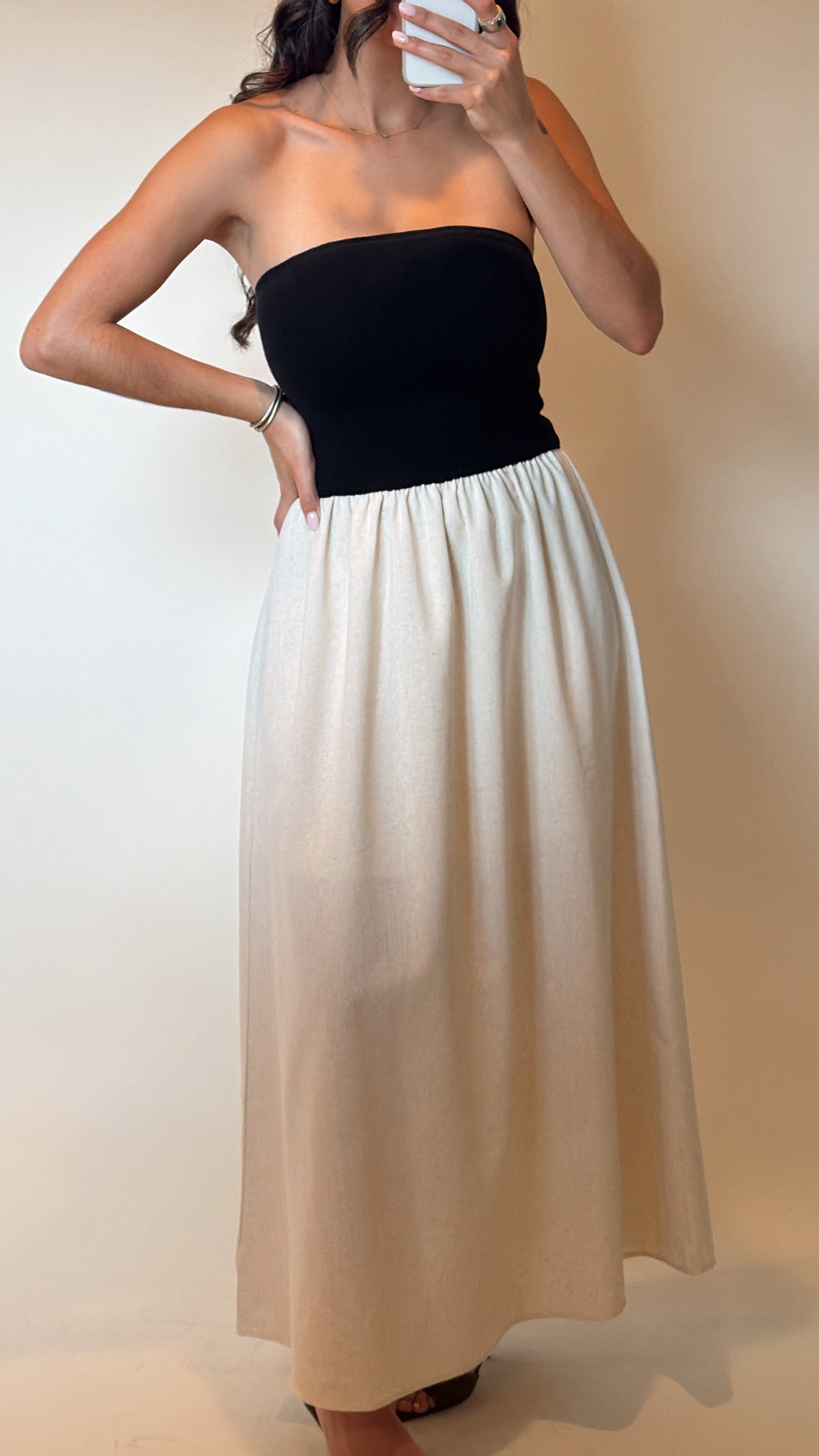 Strapless Mixed Media Midi Dress