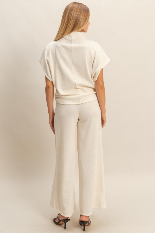 Cream Knit Wide-Leg Lounge Set