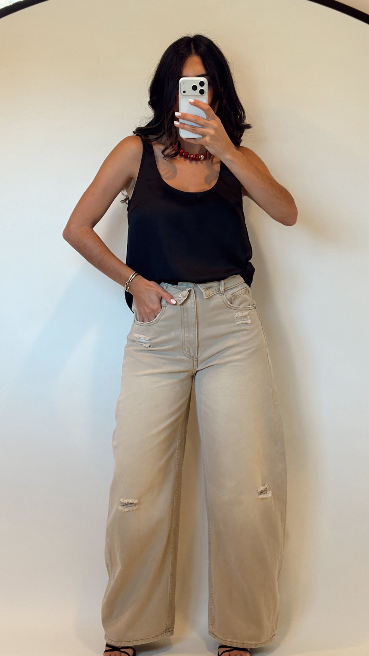 Folded Waist Distressed Baggy Jeans
