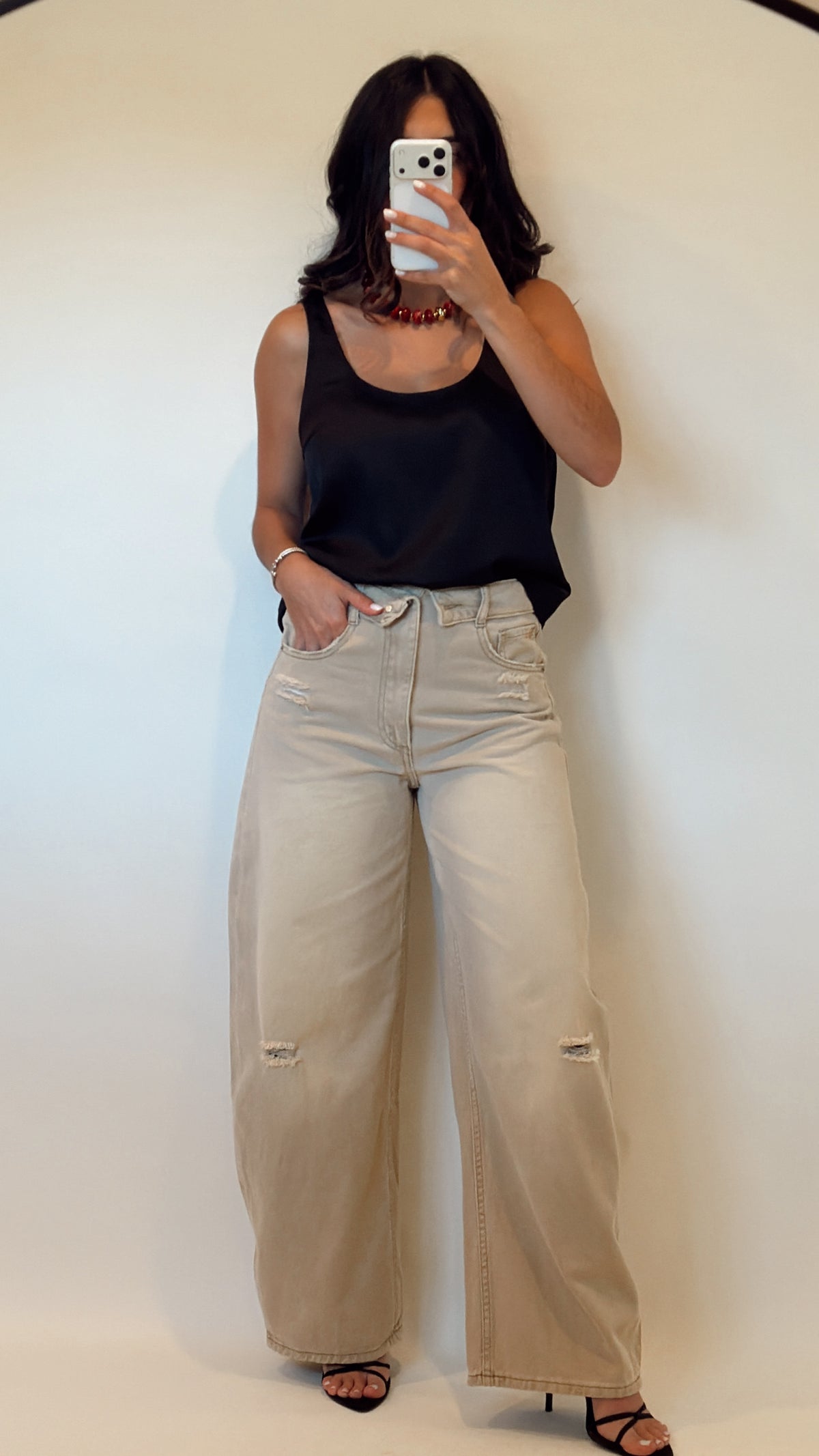 Folded Waist Distressed Baggy Jeans