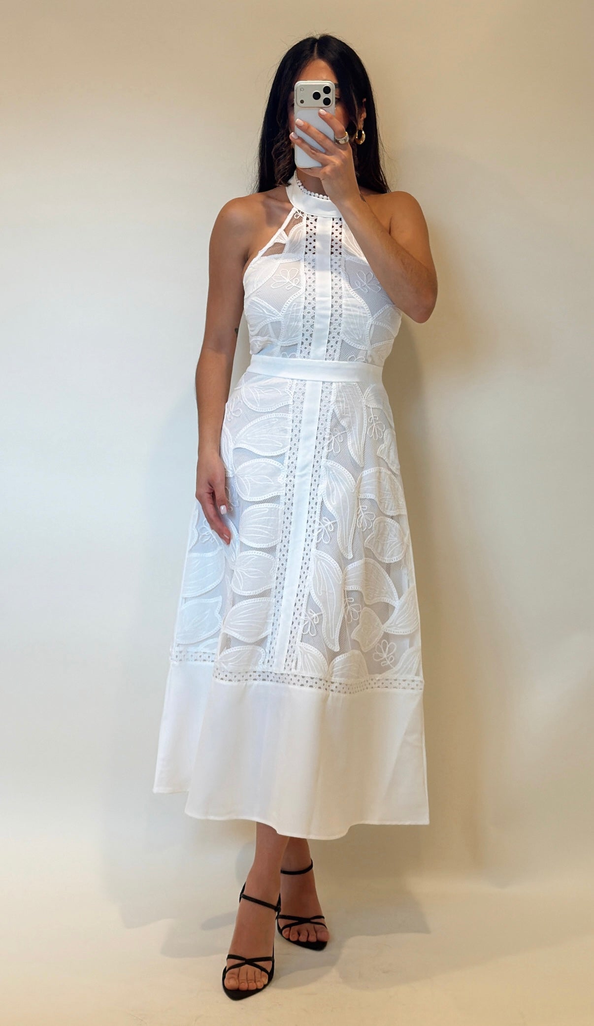 White Lace High Neck Midi Dress