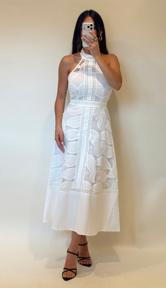 White Lace High Neck Midi Dress