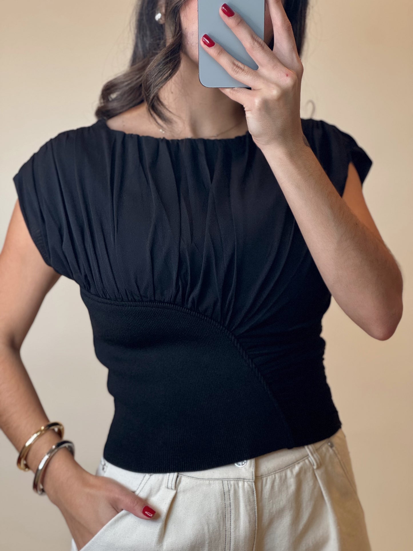Knitted & Mesh Shoulder Pad Top