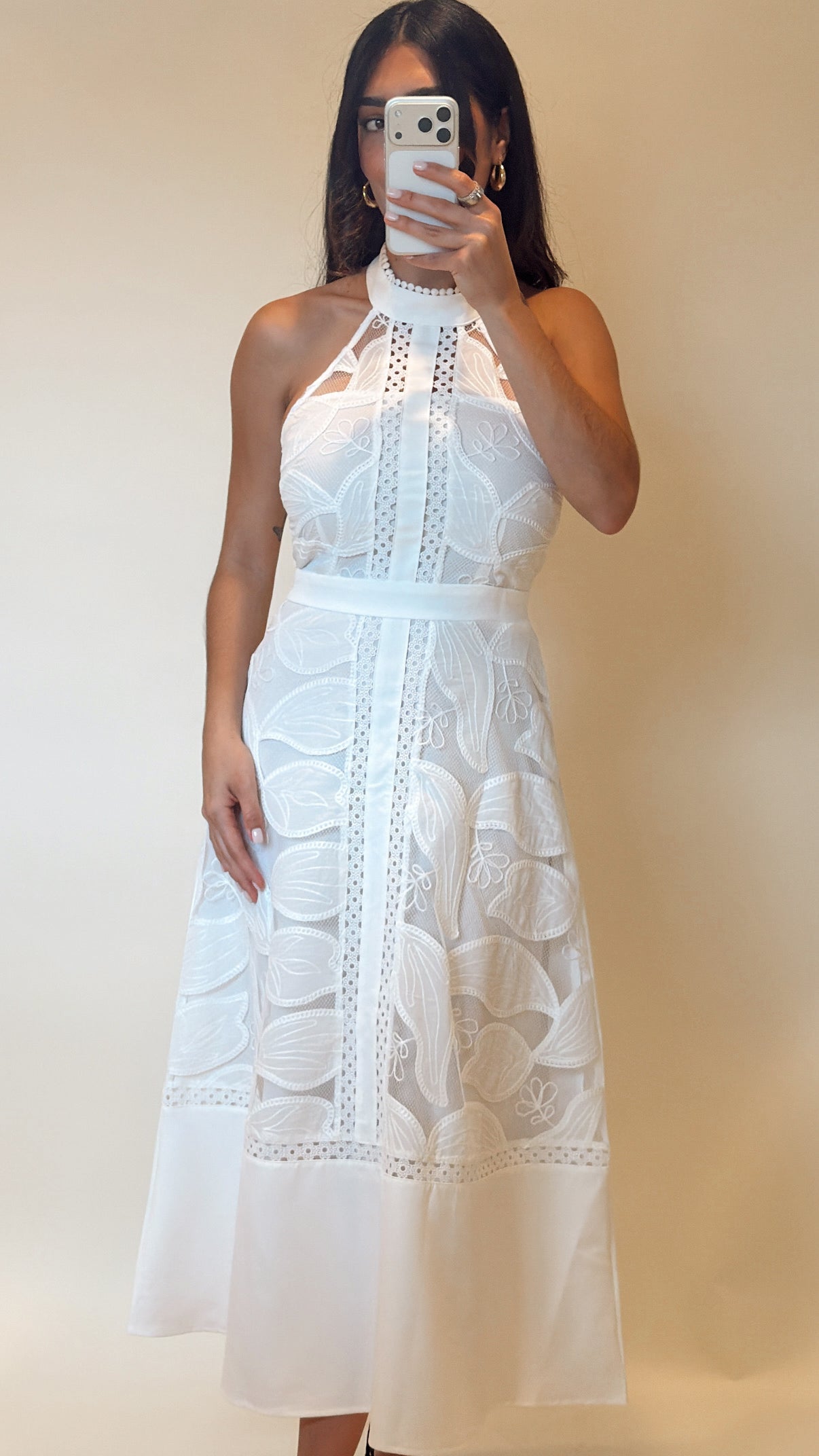 White Lace High Neck Midi Dress