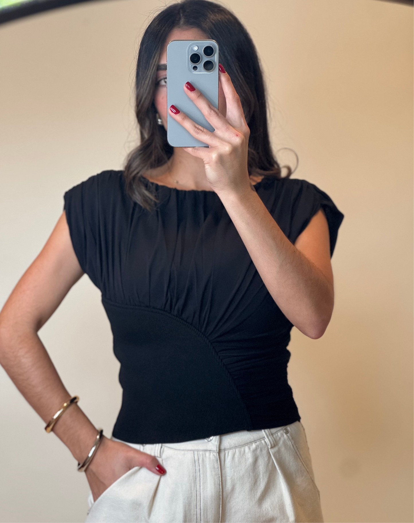 Knitted & Mesh Shoulder Pad Top