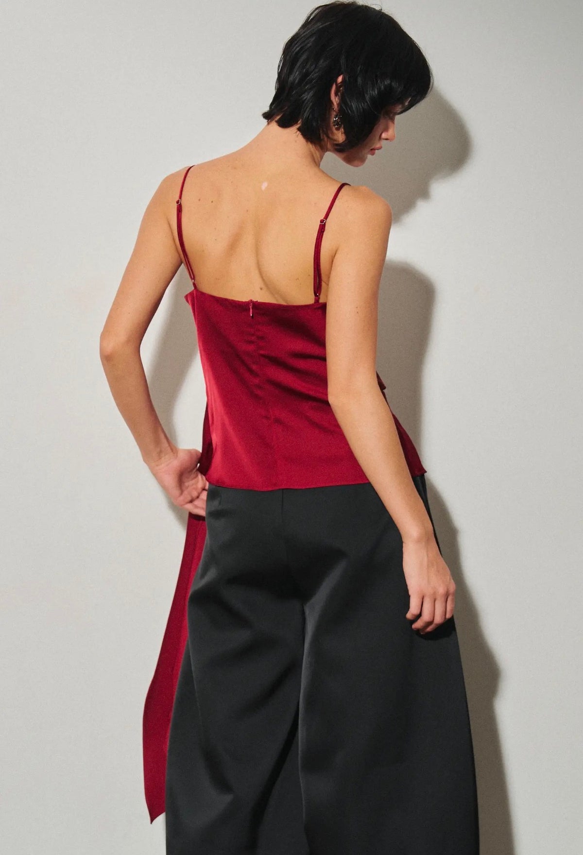 Asymmetric Draped Satin Top Cherry- PRE ORDER ships OCT 27