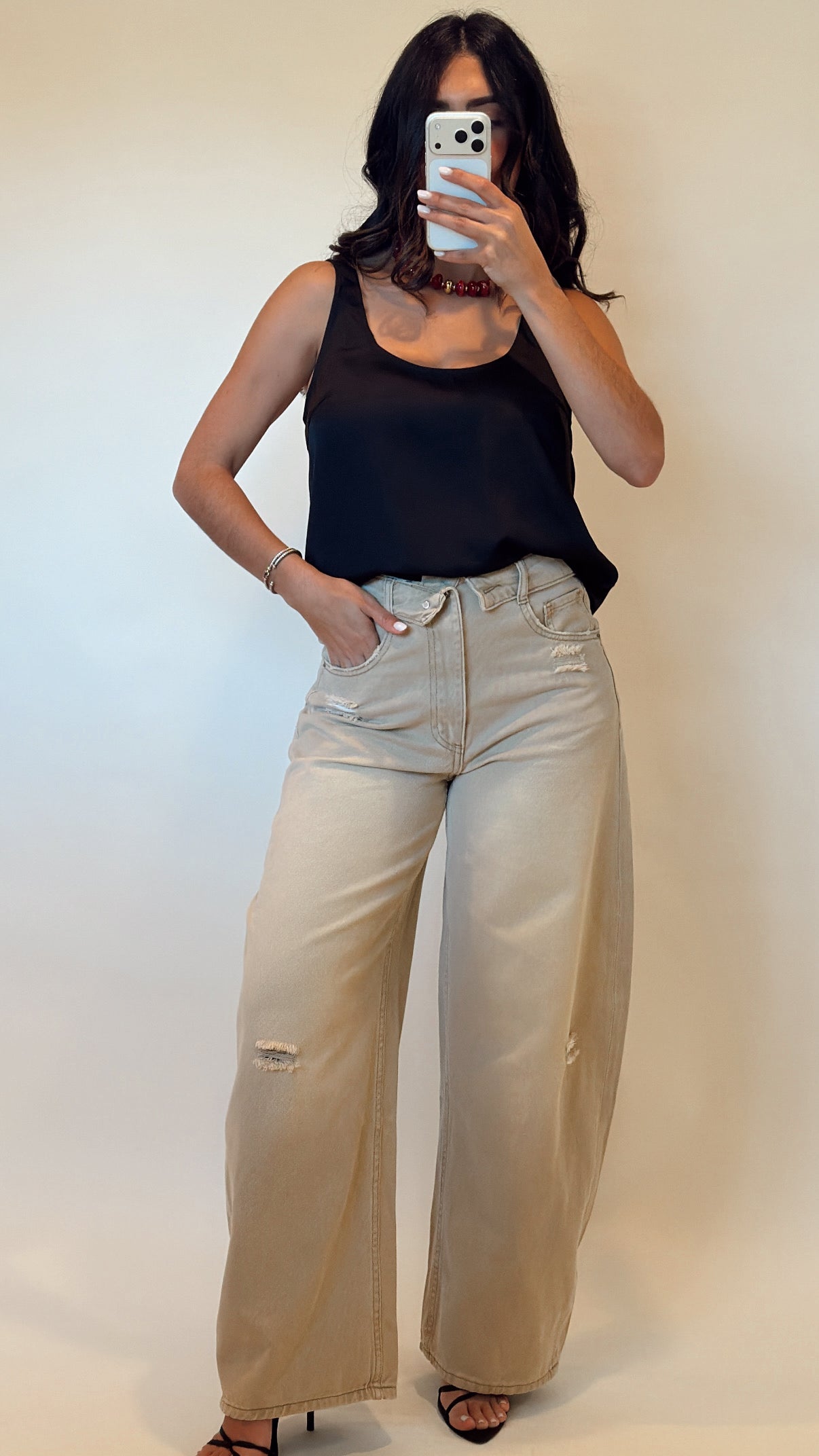 Folded Waist Distressed Baggy Jeans