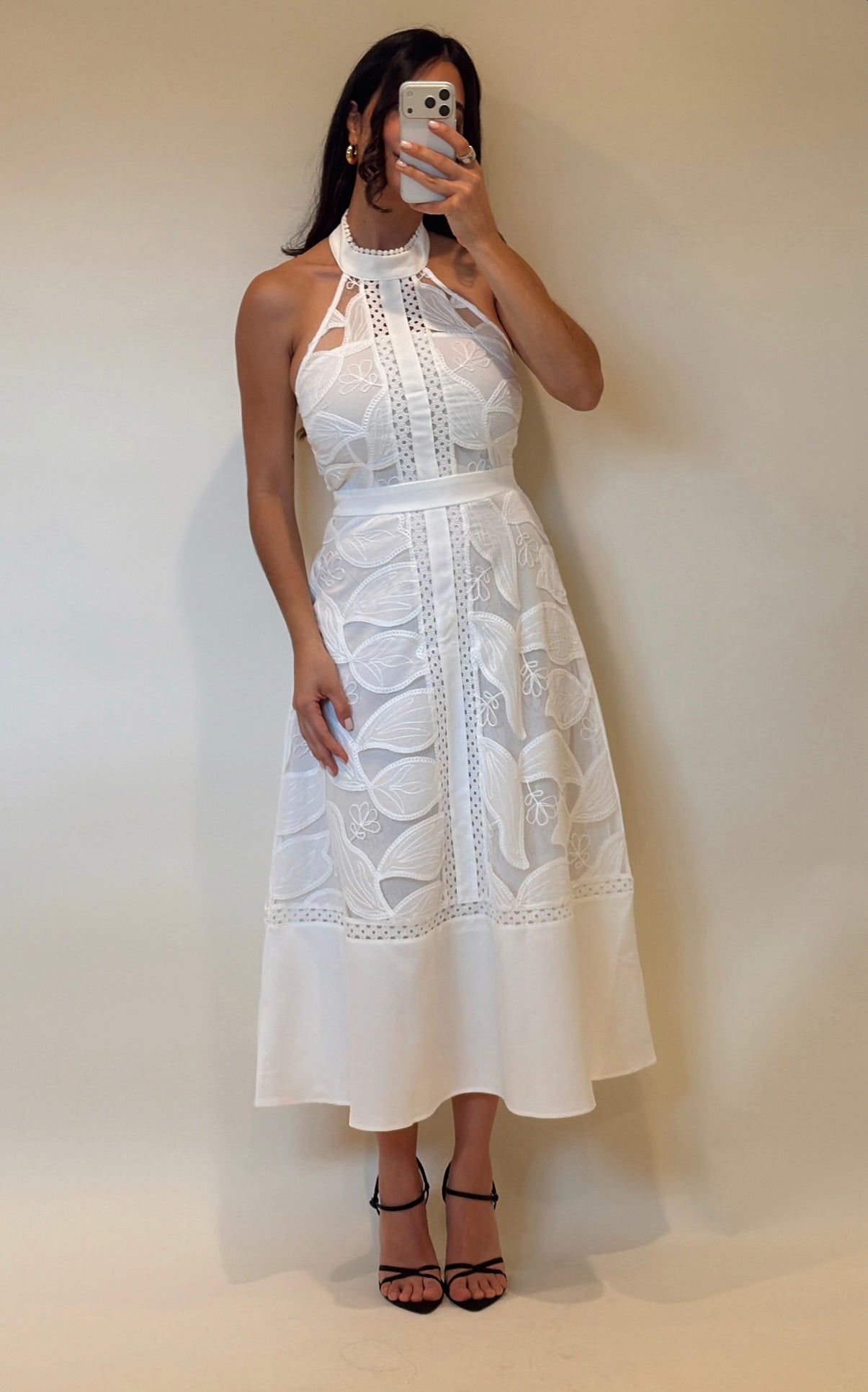 White Lace High Neck Midi Dress