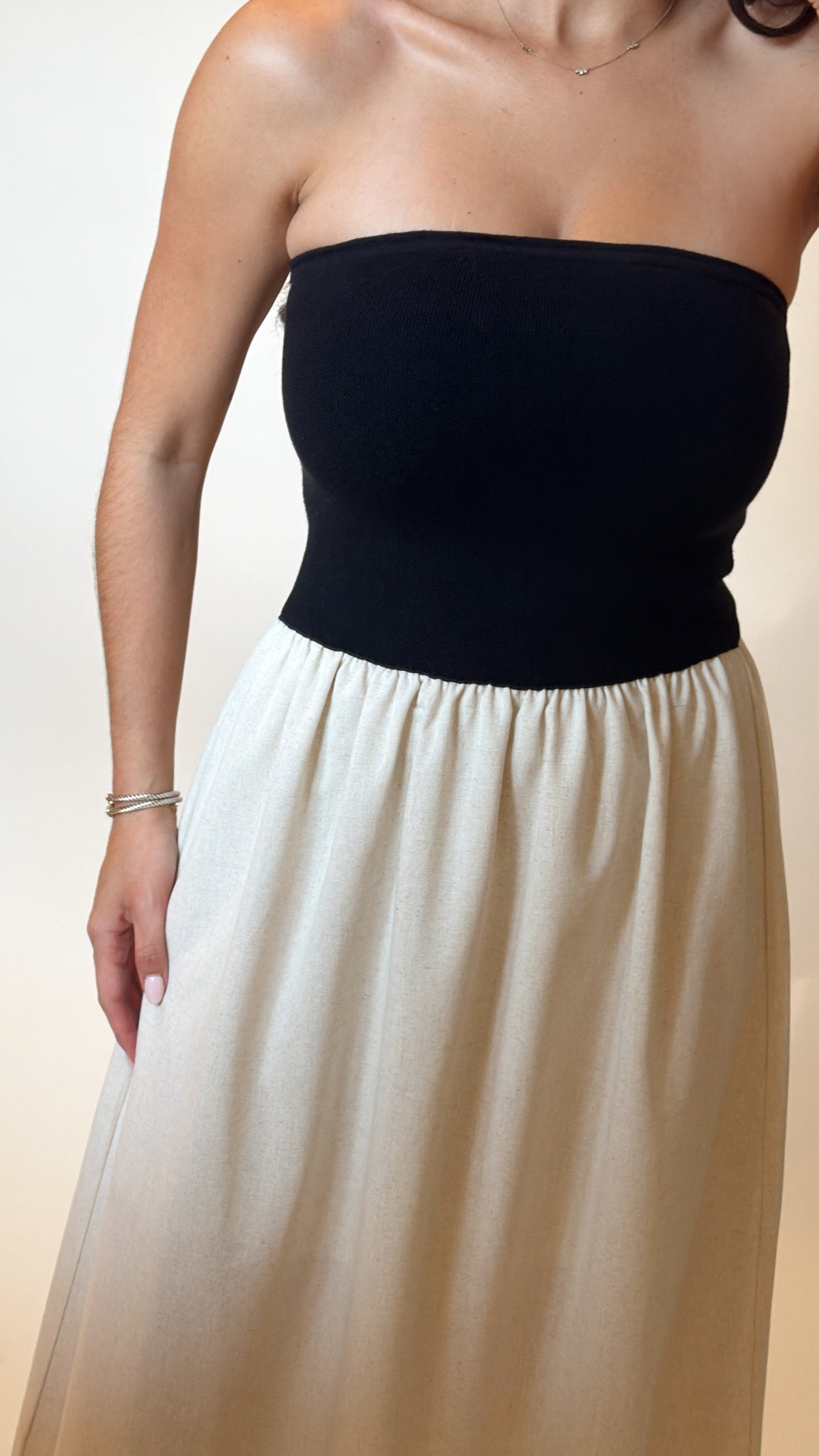 Strapless Mixed Media Midi Dress