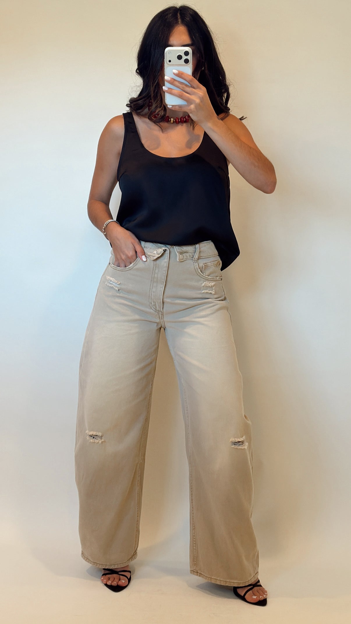 Folded Waist Distressed Baggy Jeans