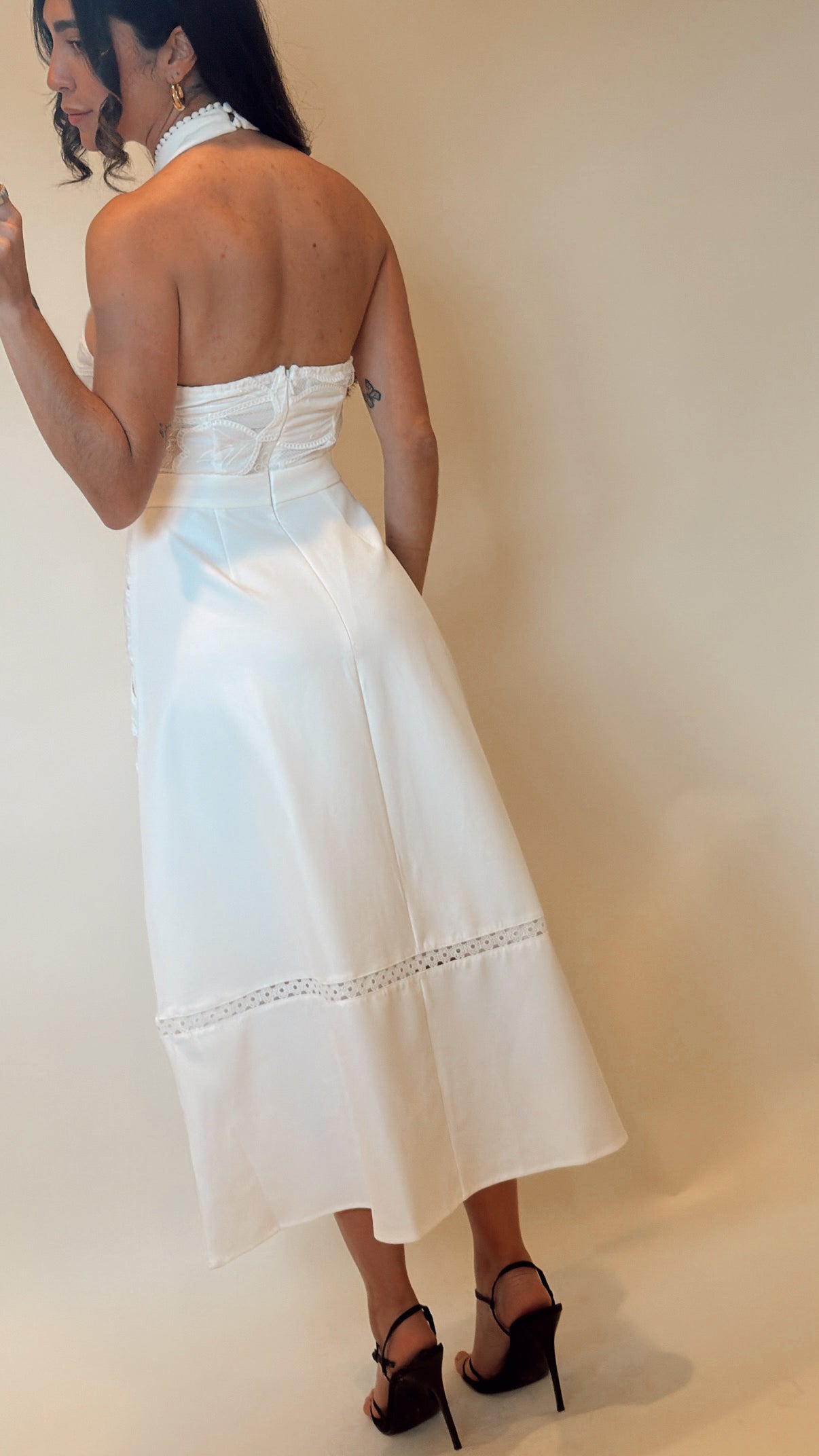 White Lace High Neck Midi Dress