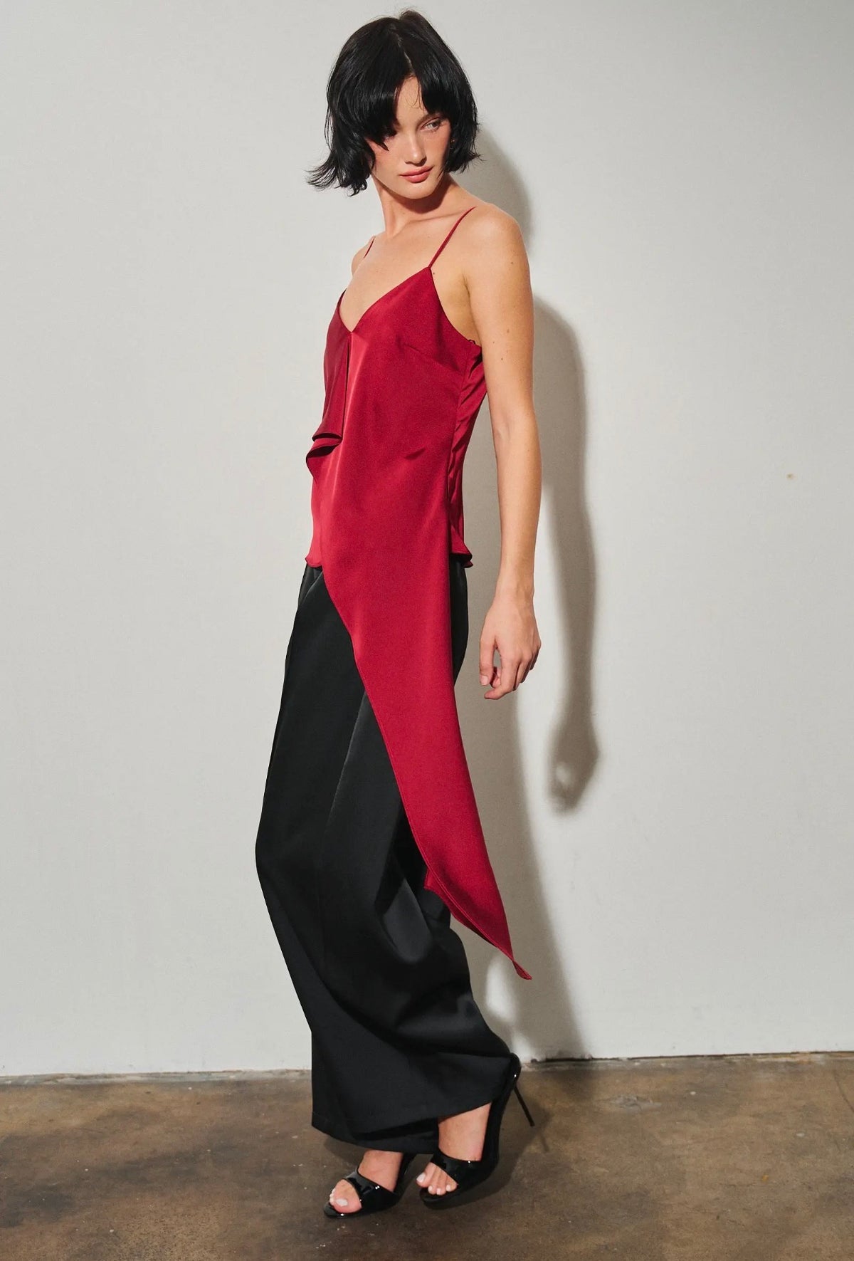 Asymmetric Draped Satin Top Cherry- PRE ORDER ships OCT 27