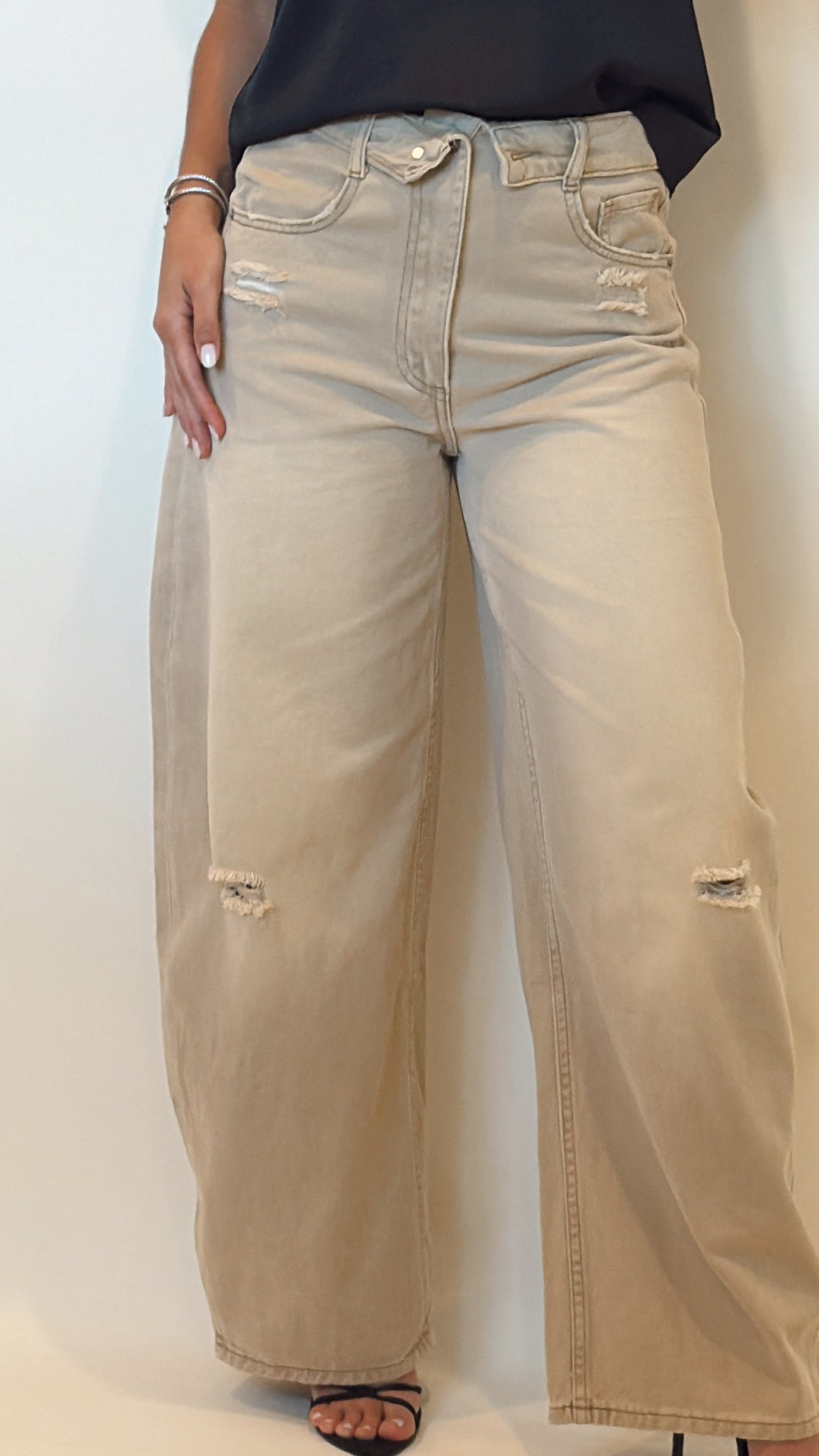 Folded Waist Distressed Baggy Jeans