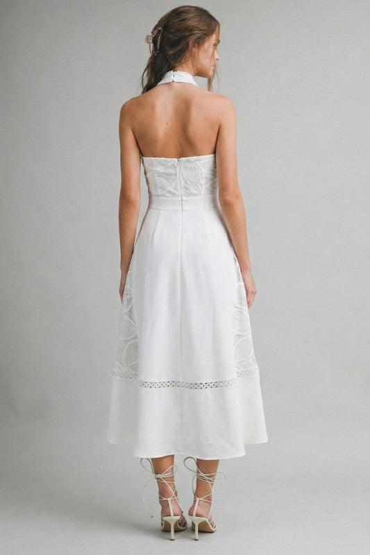 White Lace High Neck Midi Dress