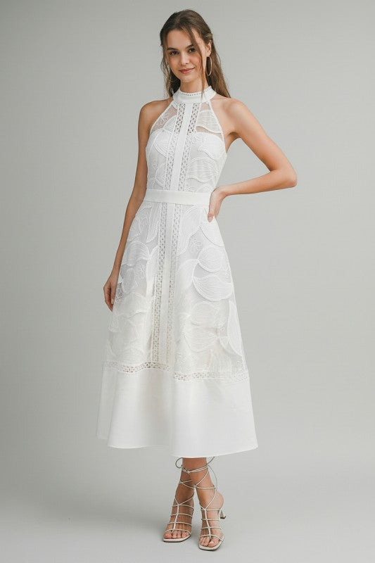 White Lace High Neck Midi Dress
