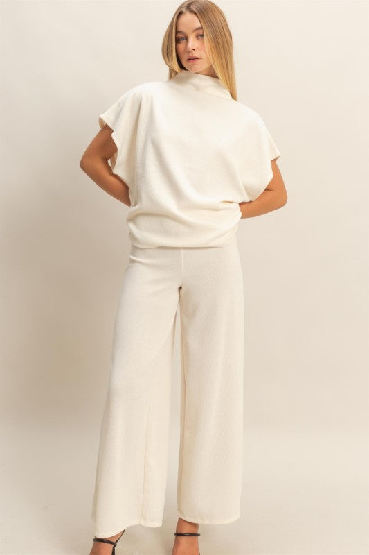 Cream Knit Wide-Leg Lounge Set