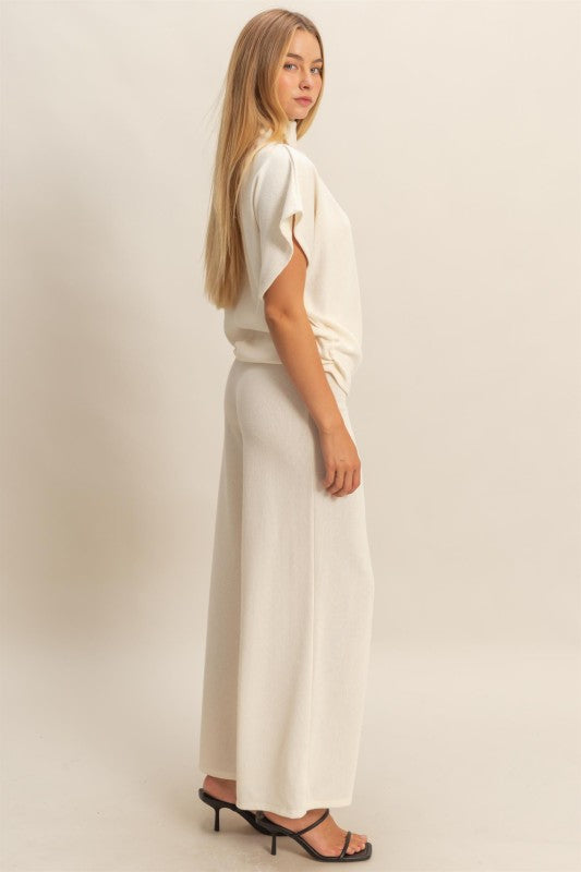 Cream Knit Wide-Leg Lounge Set